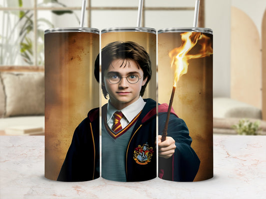 Harry Potter holding a flaming wand, wearing Hogwarts robes.