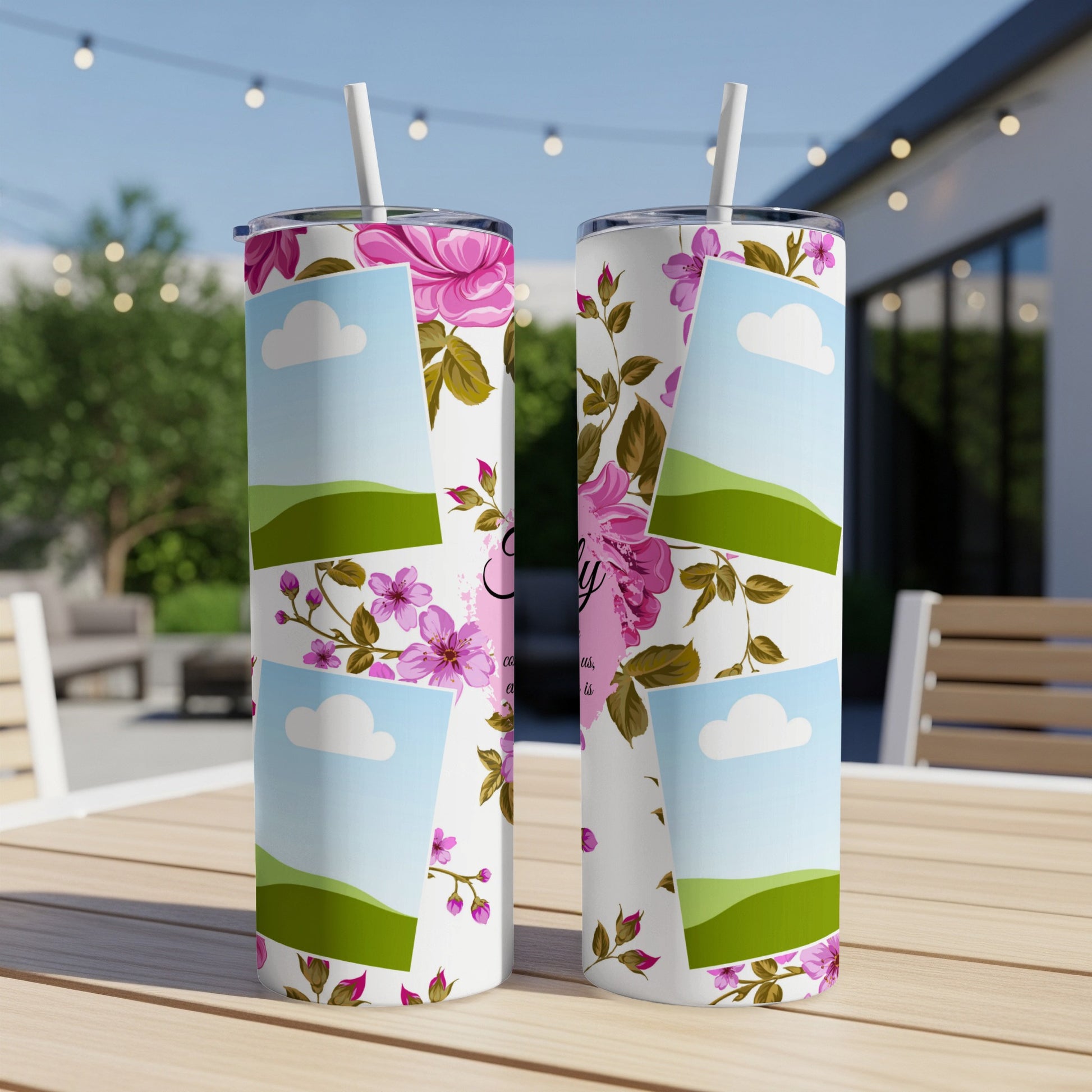 Two tumblers with floral pattern and sky/hill photo collage designs.