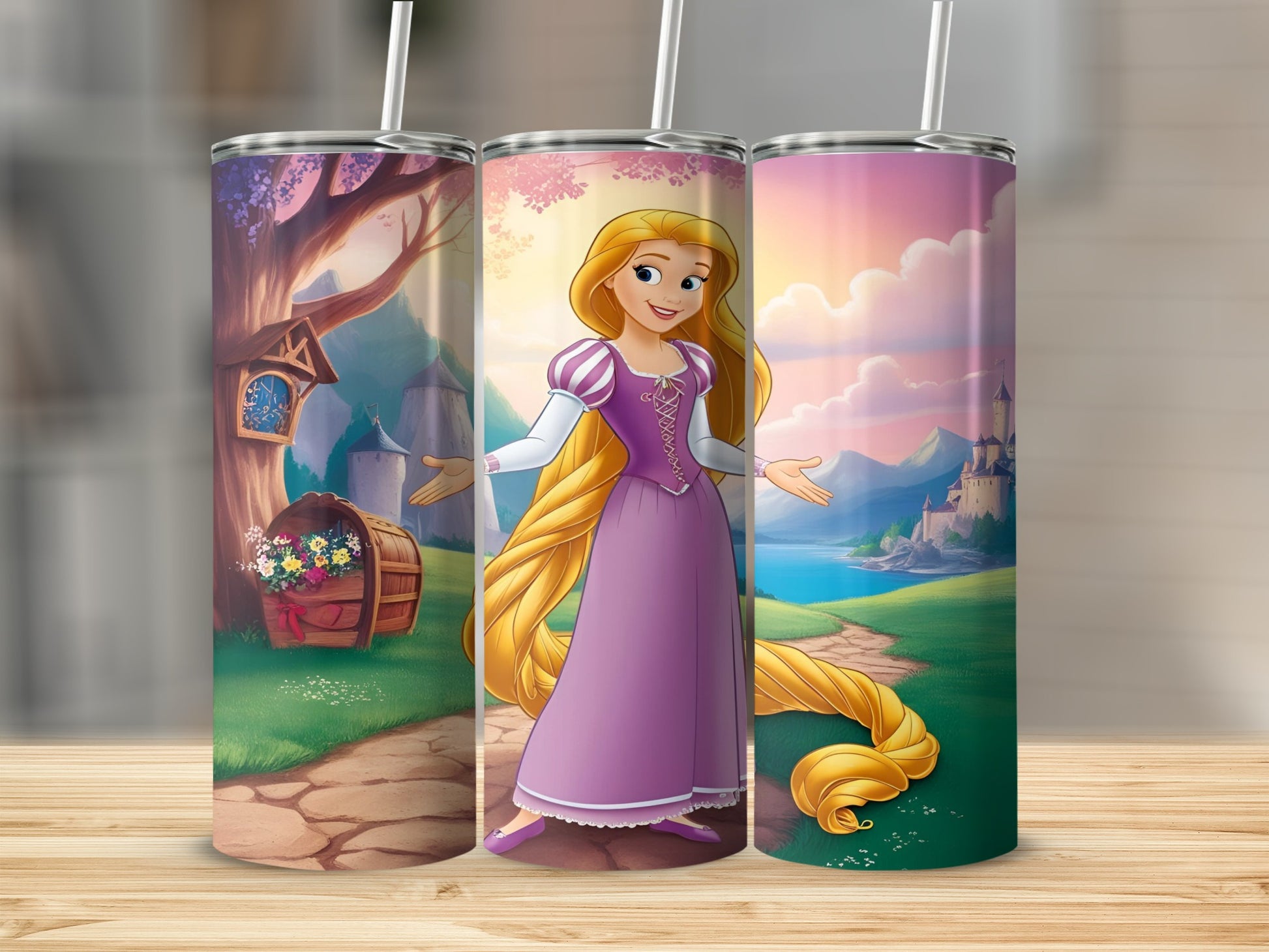 Rapunzel in purple dress with long blonde hair in a scenic fairytale background.