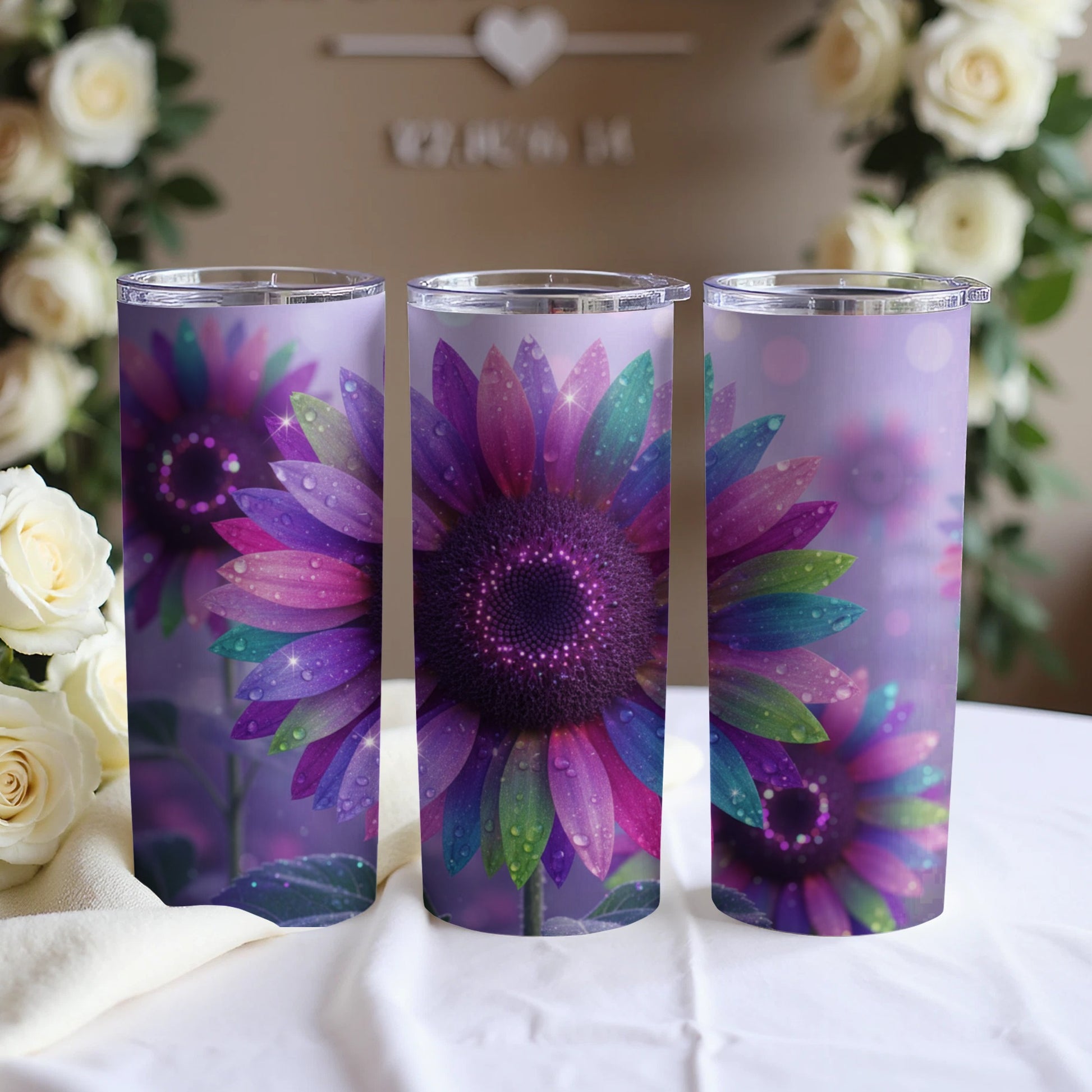 Vibrant Purple and Rainbow Sunflower Tumbler Cup