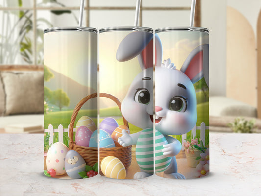 Easter bunny in striped shirt with colorful Easter eggs in basket.