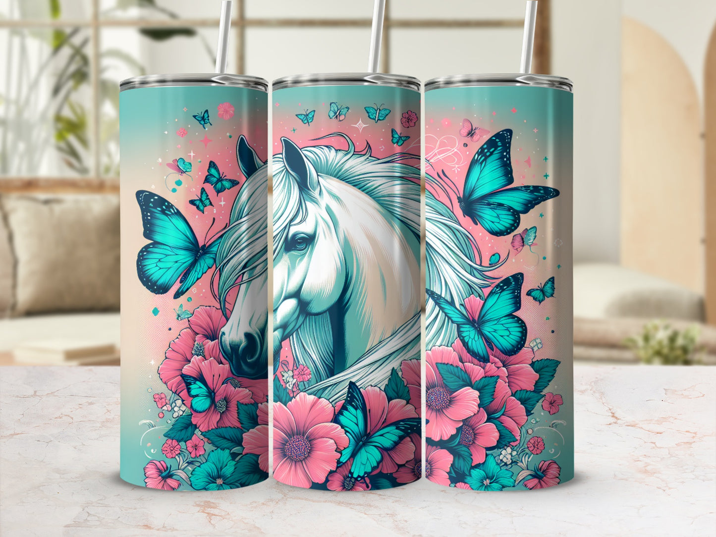 White horse with teal and pink butterflies and flowers on a tumbler.