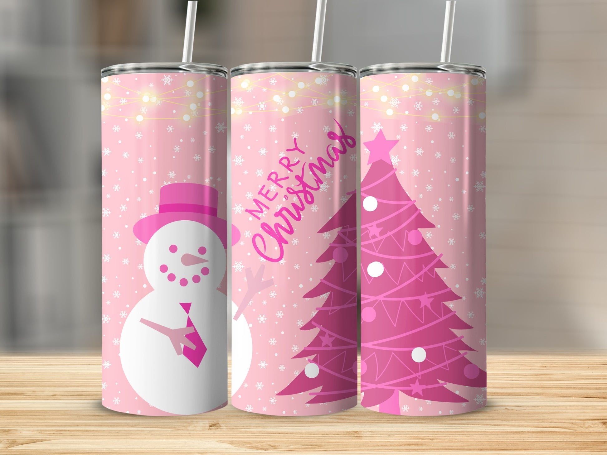 Pink Christmas Snowman and Tree Design Tumbler