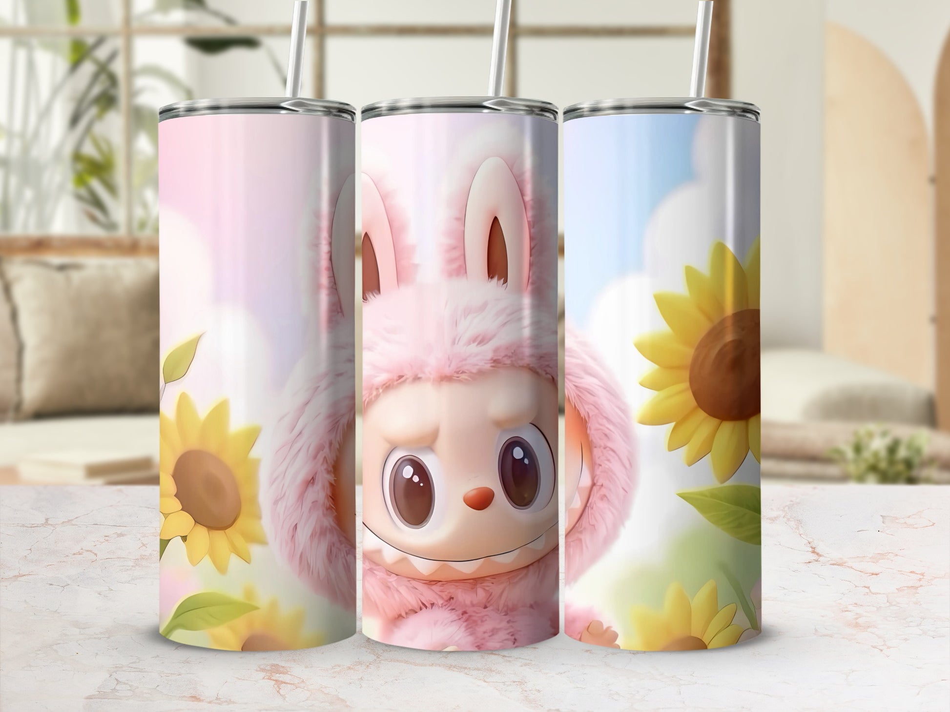 Cute Bunny and Sunflowers Design Tumbler Cup