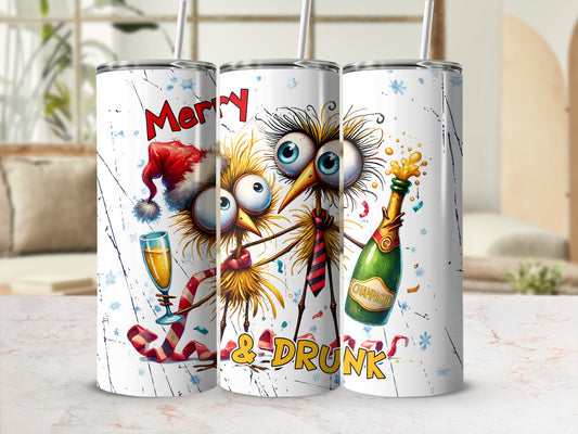 Three festive cartoon birds celebrate with champagne, one wearing a Santa hat.