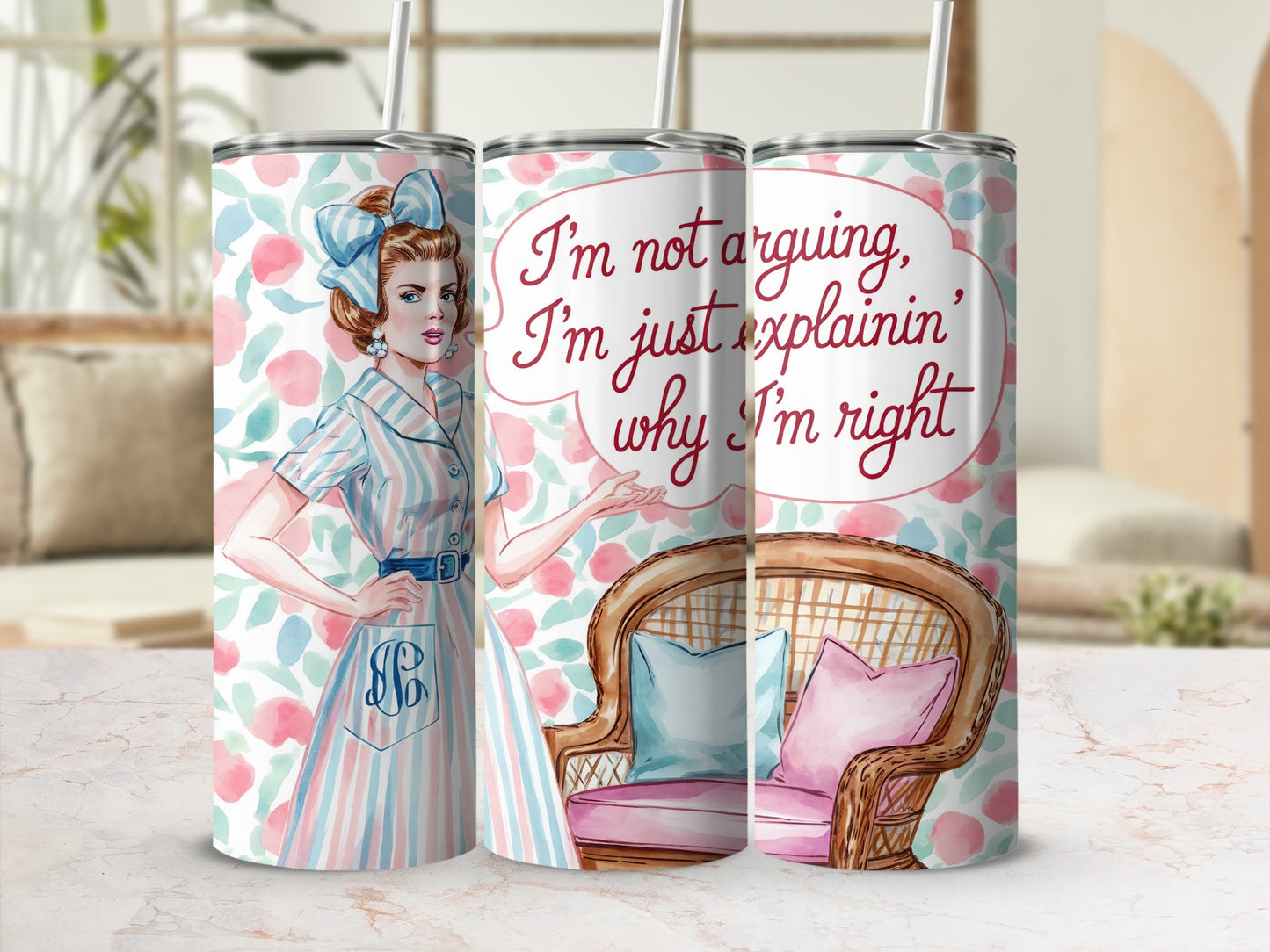 Pink and blue striped tumbler with a woman and speech bubble.