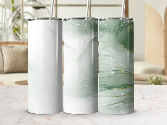 Three tumblers with green and gold marbled abstract designs.
