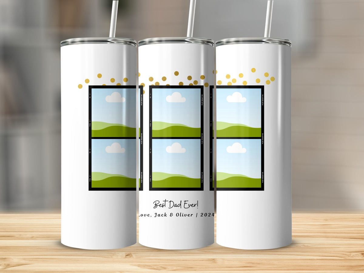 White tumblers with gold polka dots and "Best Dad Ever!" text.