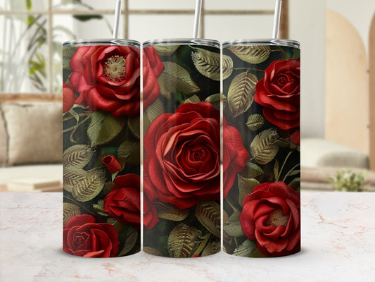 Three tumblers with a deep red rose and green leaf design.