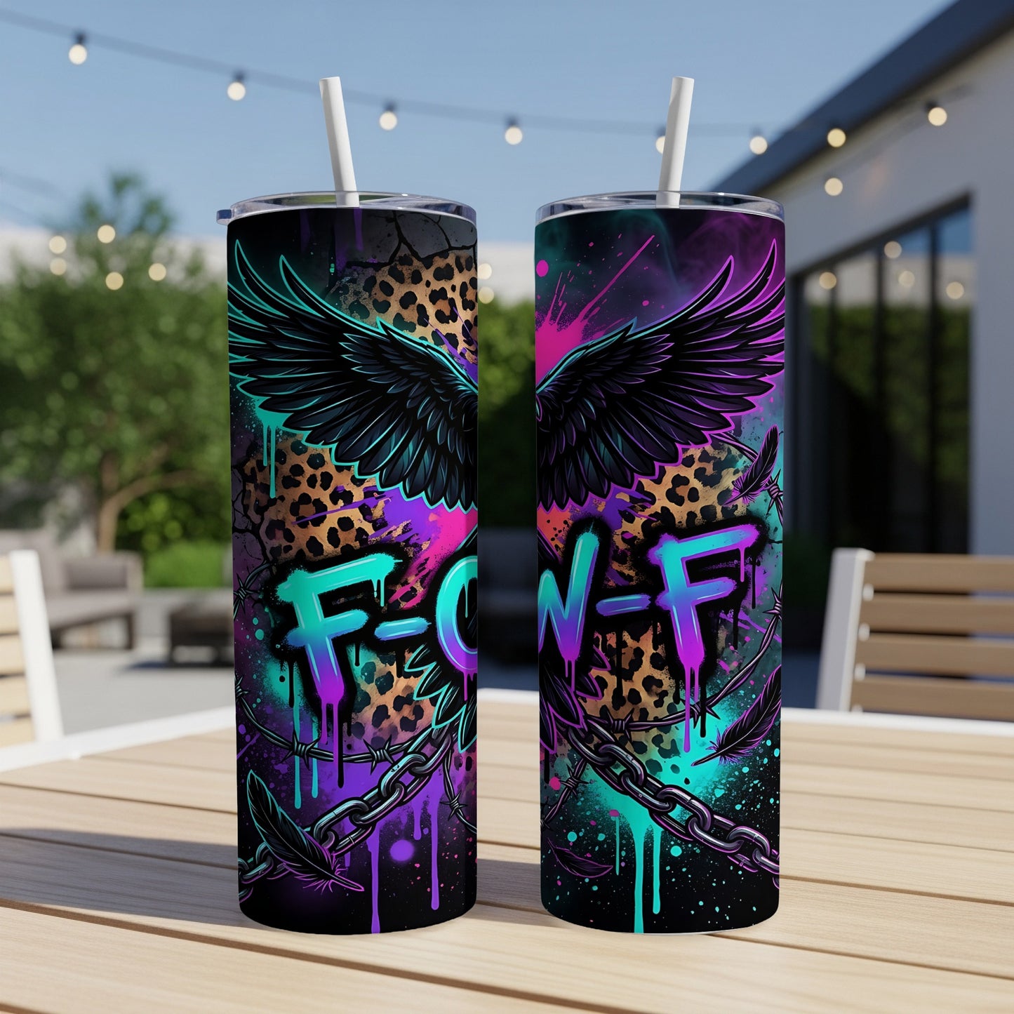 Two tumblers with black wings, leopard print, and "F-W-F" in neon graffiti.