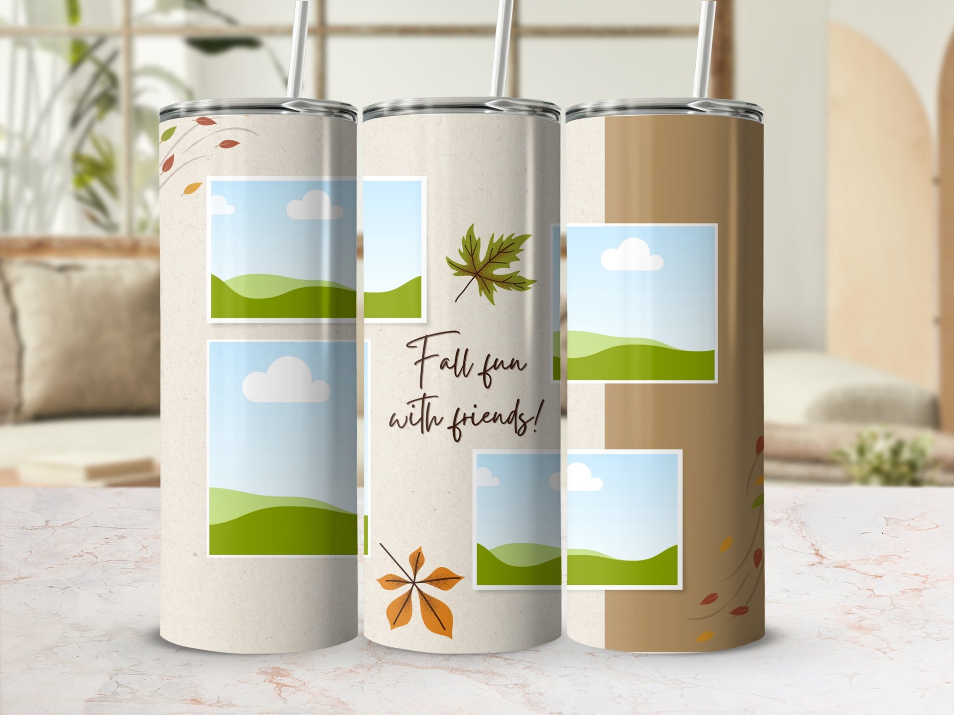 Three tumblers with autumn leaves and "Fall fun with friends!" text.