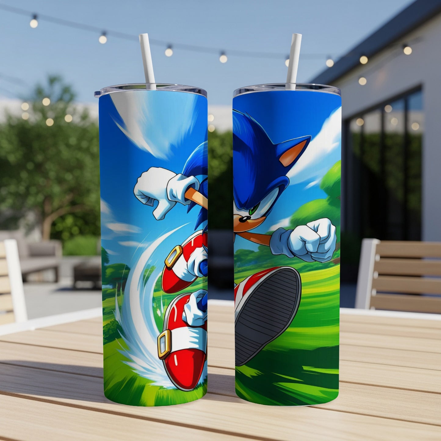 Sonic the Hedgehog running with speed lines, on a tumbler.
