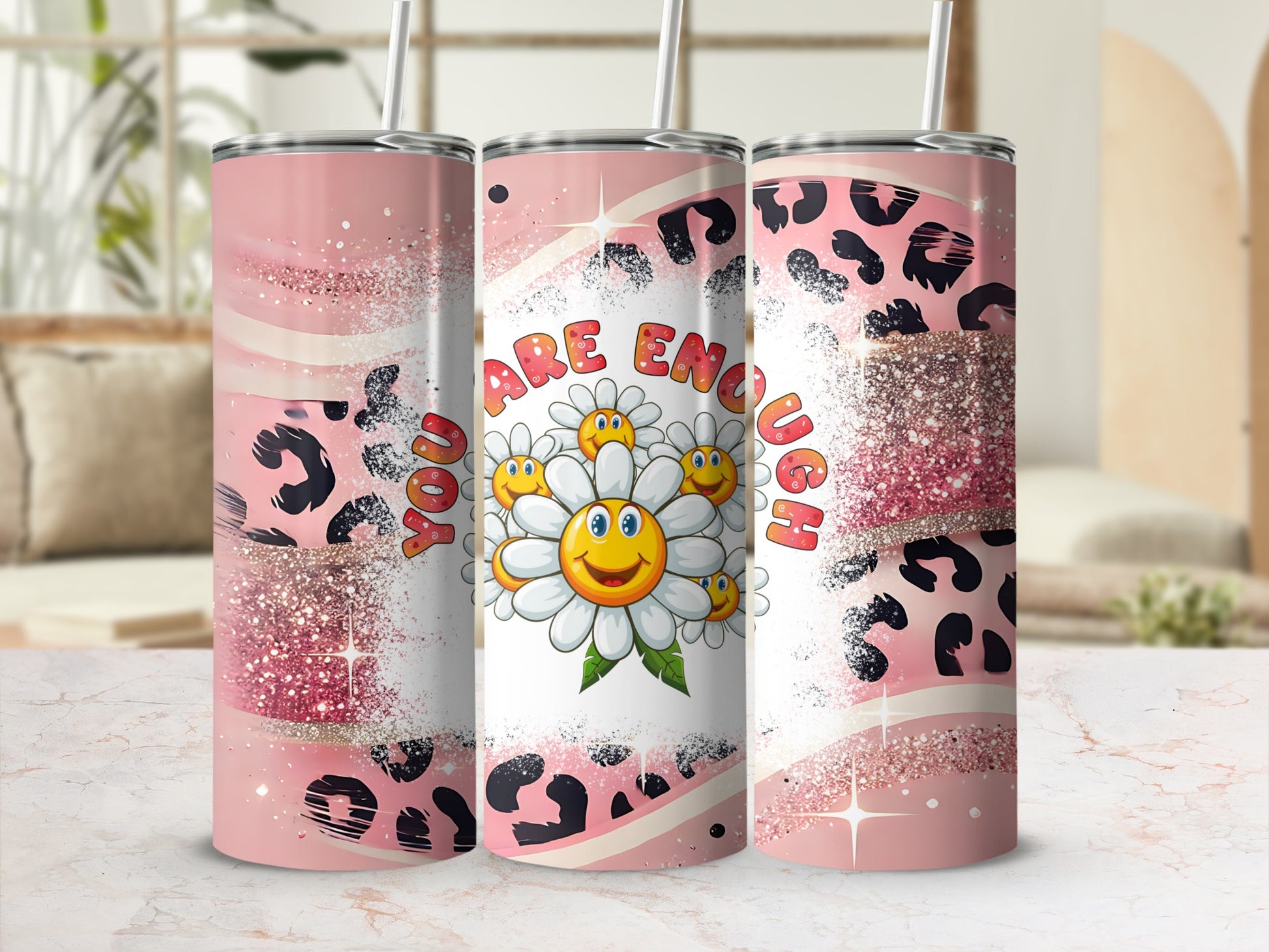 Pink tumbler with leopard print, glitter, and "You are enough" text with smiling daisies.