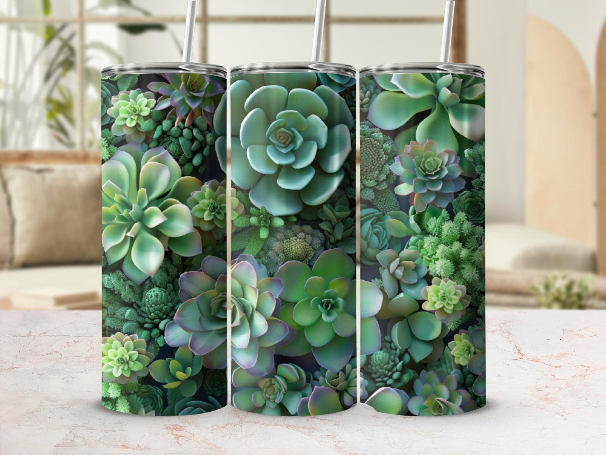 Three tumblers with a succulent plant pattern.