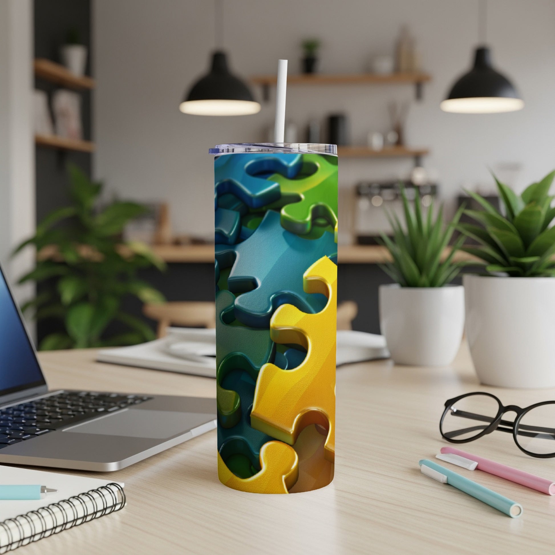 Blue, green, and yellow puzzle pieces wrap a tall tumbler on a desk.