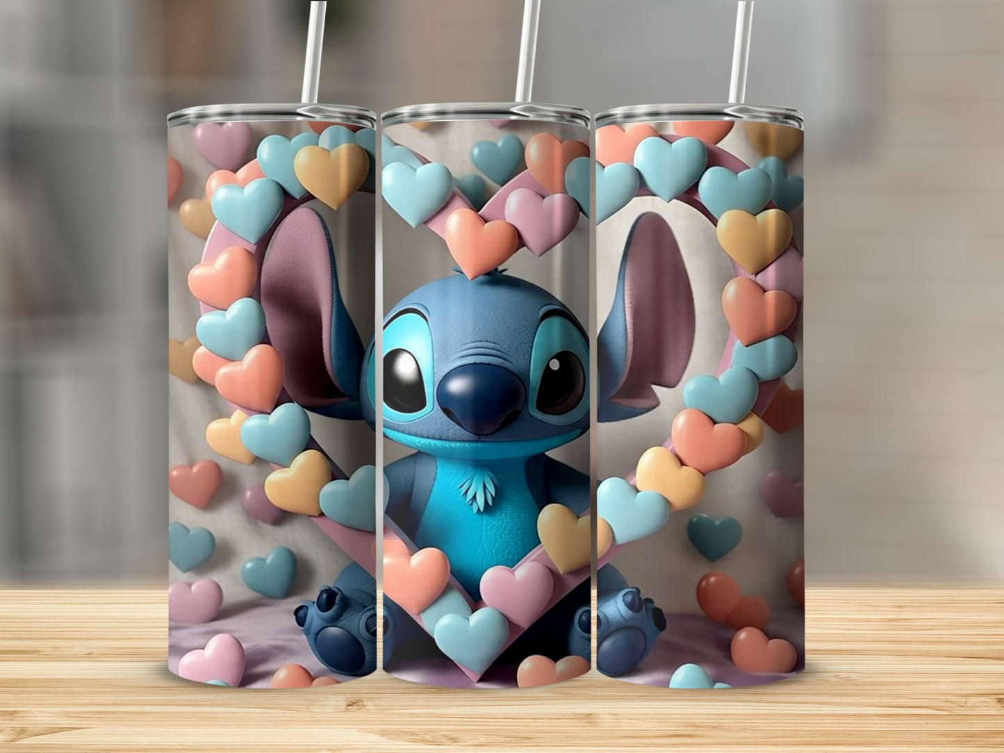 Cute Blue Alien Surrounded by Colorful Hearts Tumbler