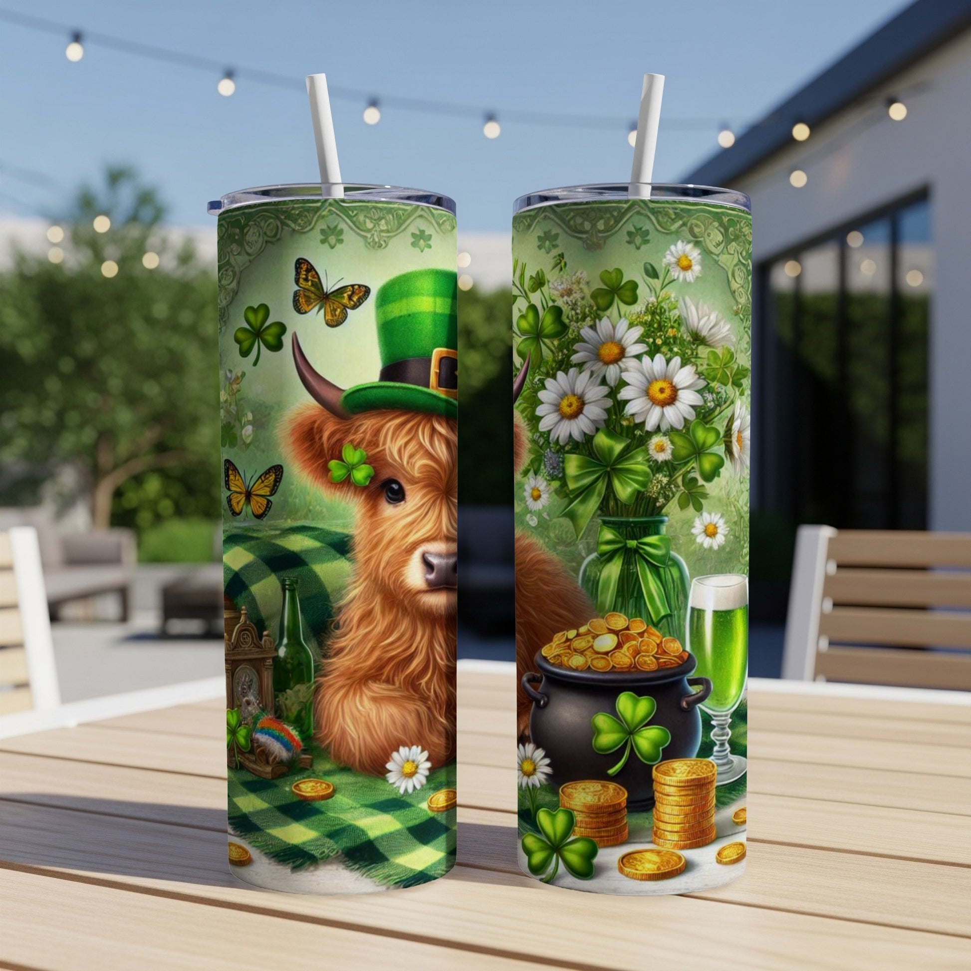 St. Patrick's Day tumbler with cow, shamrocks, gold coins, and butterflies.