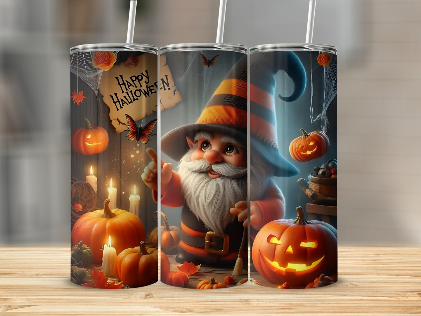 Halloween gnome with pumpkins, candles, and a "Happy Halloween" sign.