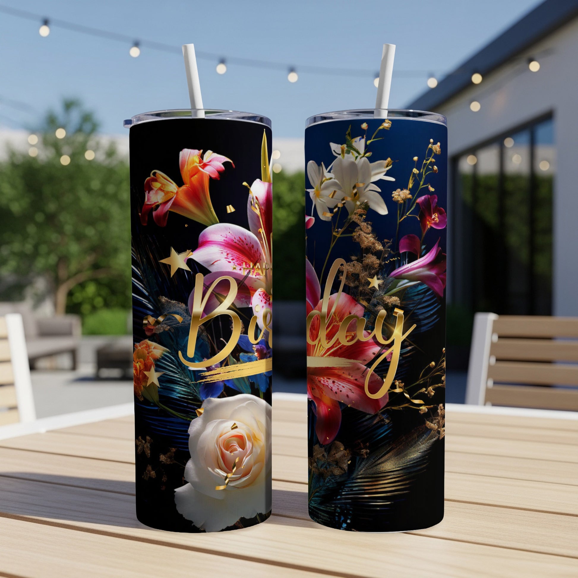 Birthday tumbler with floral design and gold lettering.