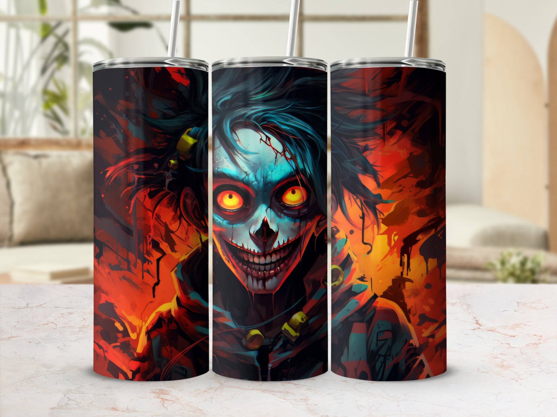 Three tumblers with a creepy clown face design and yellow glowing eyes.