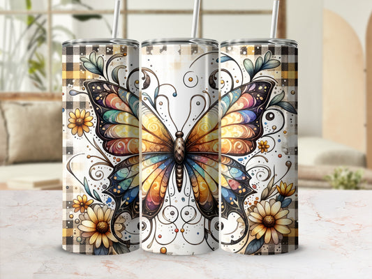 Tall tumbler with colorful butterfly and floral plaid design.