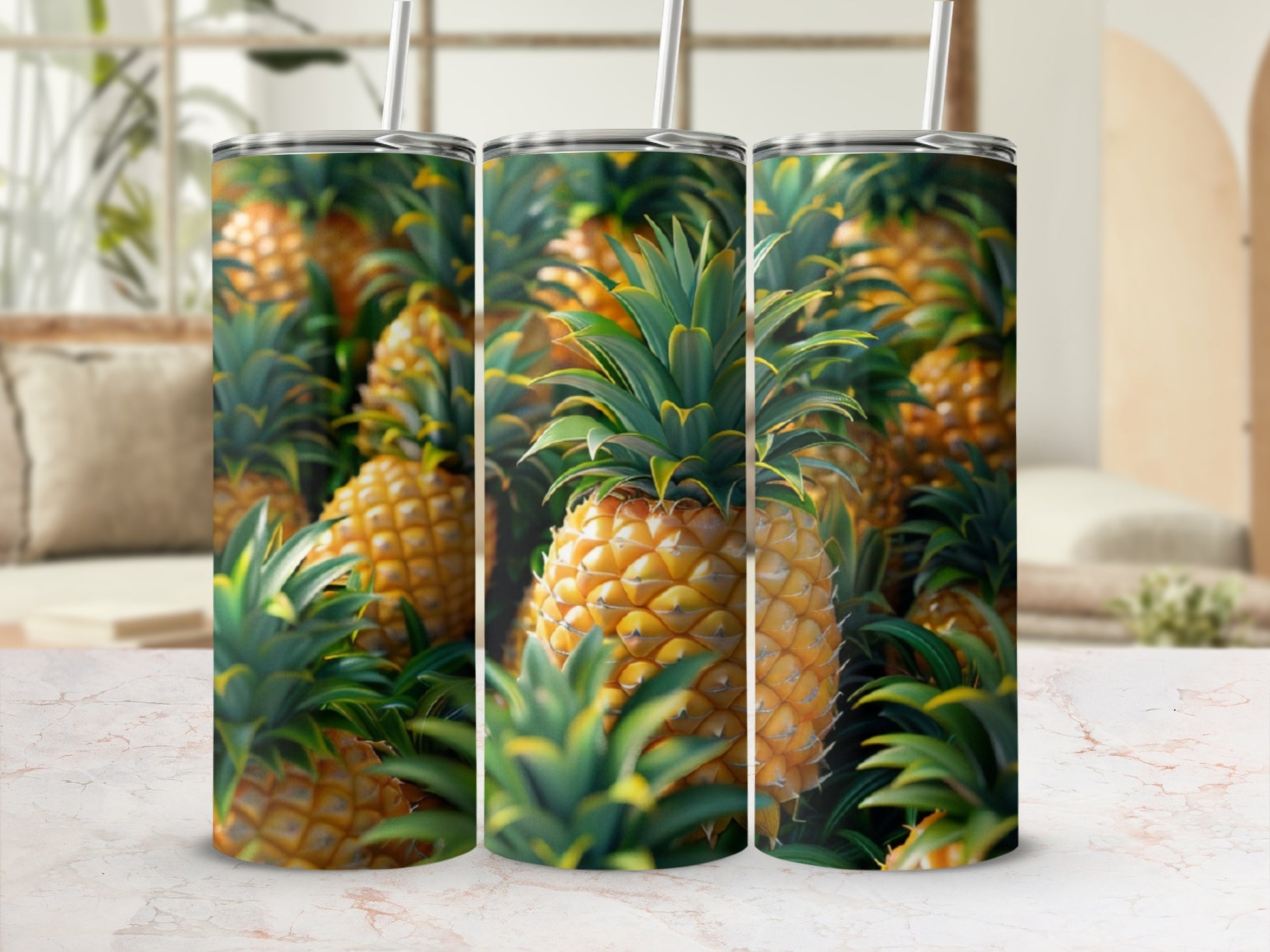 Three tumblers with a close-up pineapple pattern.