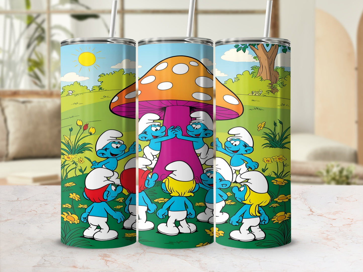 Smurfs gathered around a mushroom in a sunny meadow.