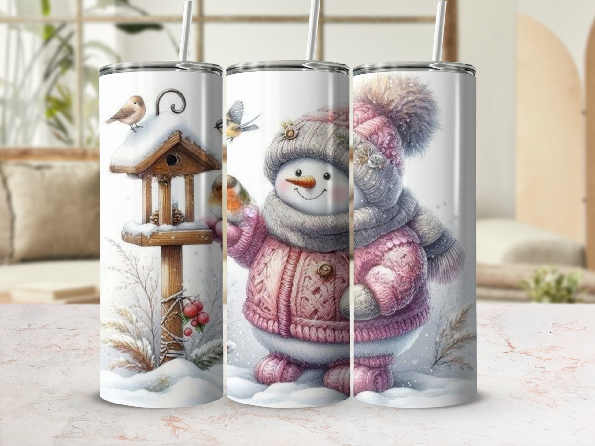 Festive Winter Snowman and Birdhouse Tumbler Set