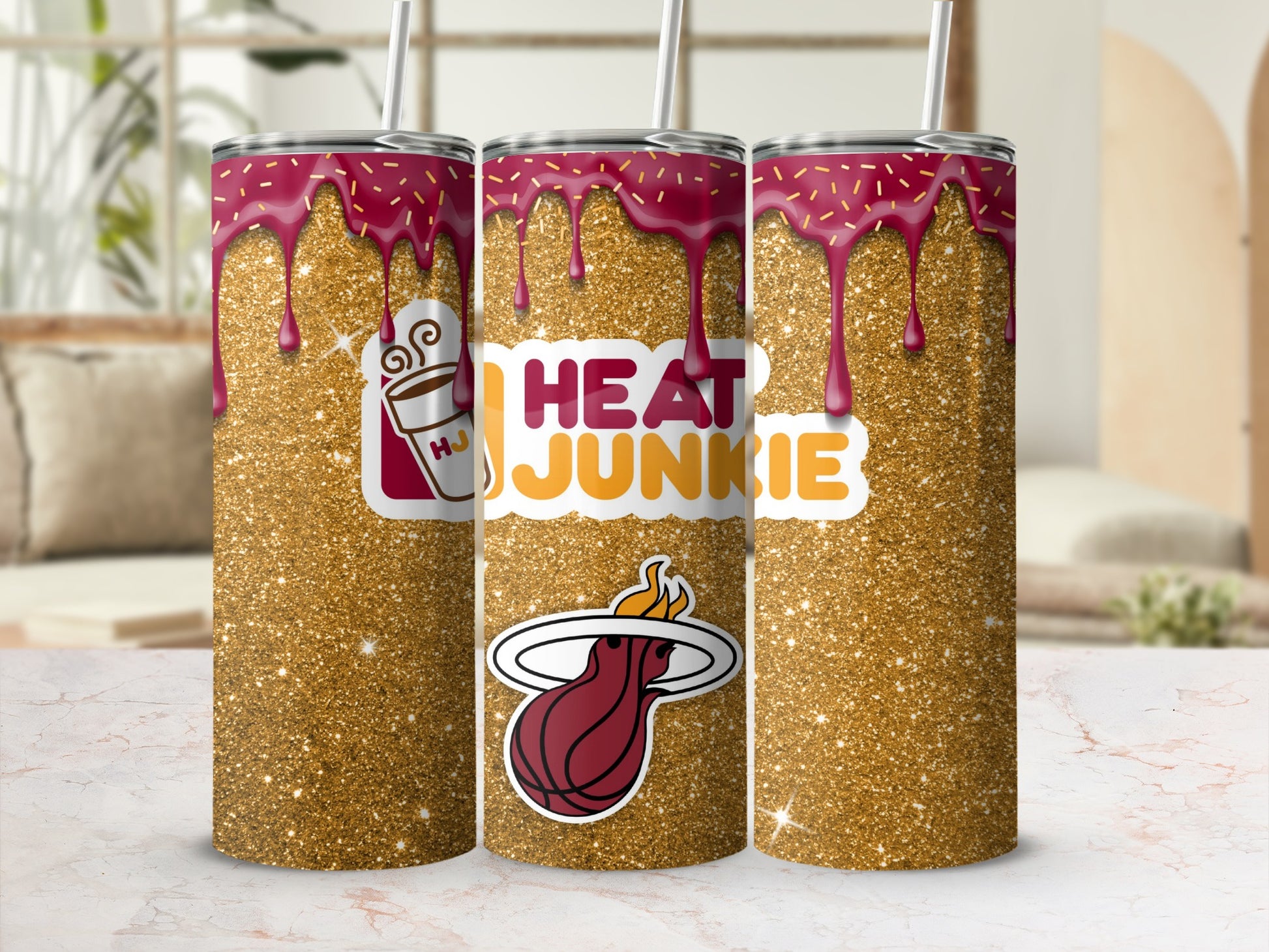 Heat Junkie Gold and Pink Glitter Design Tumbler