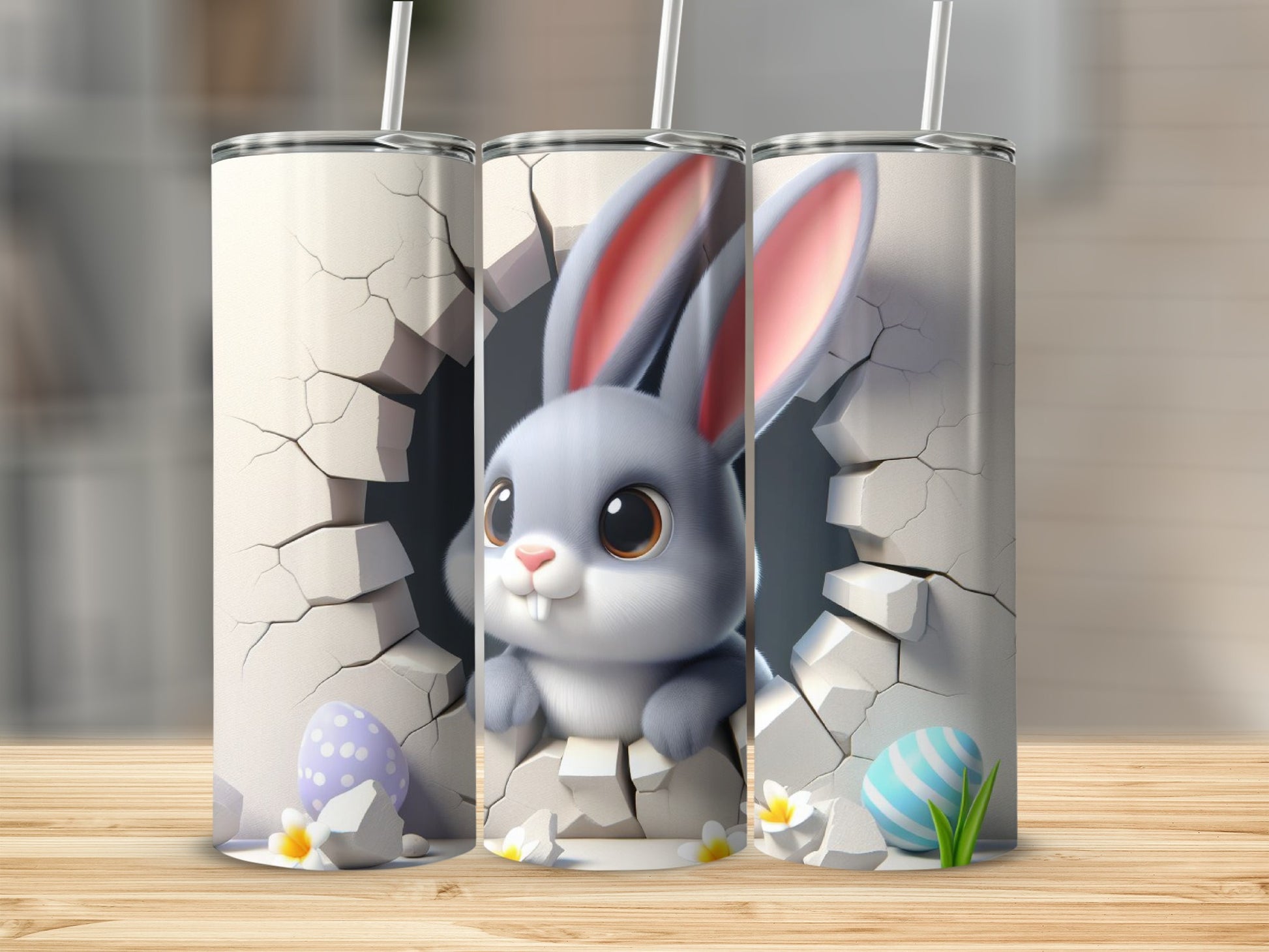 Easter bunny peeking through cracked wall, with decorated eggs and flowers.