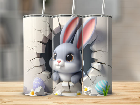 Easter bunny peeking through cracked wall, with decorated eggs and flowers.