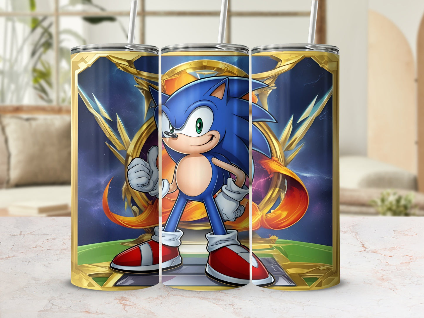 Sonic the Hedgehog on a golden circular background with flames.