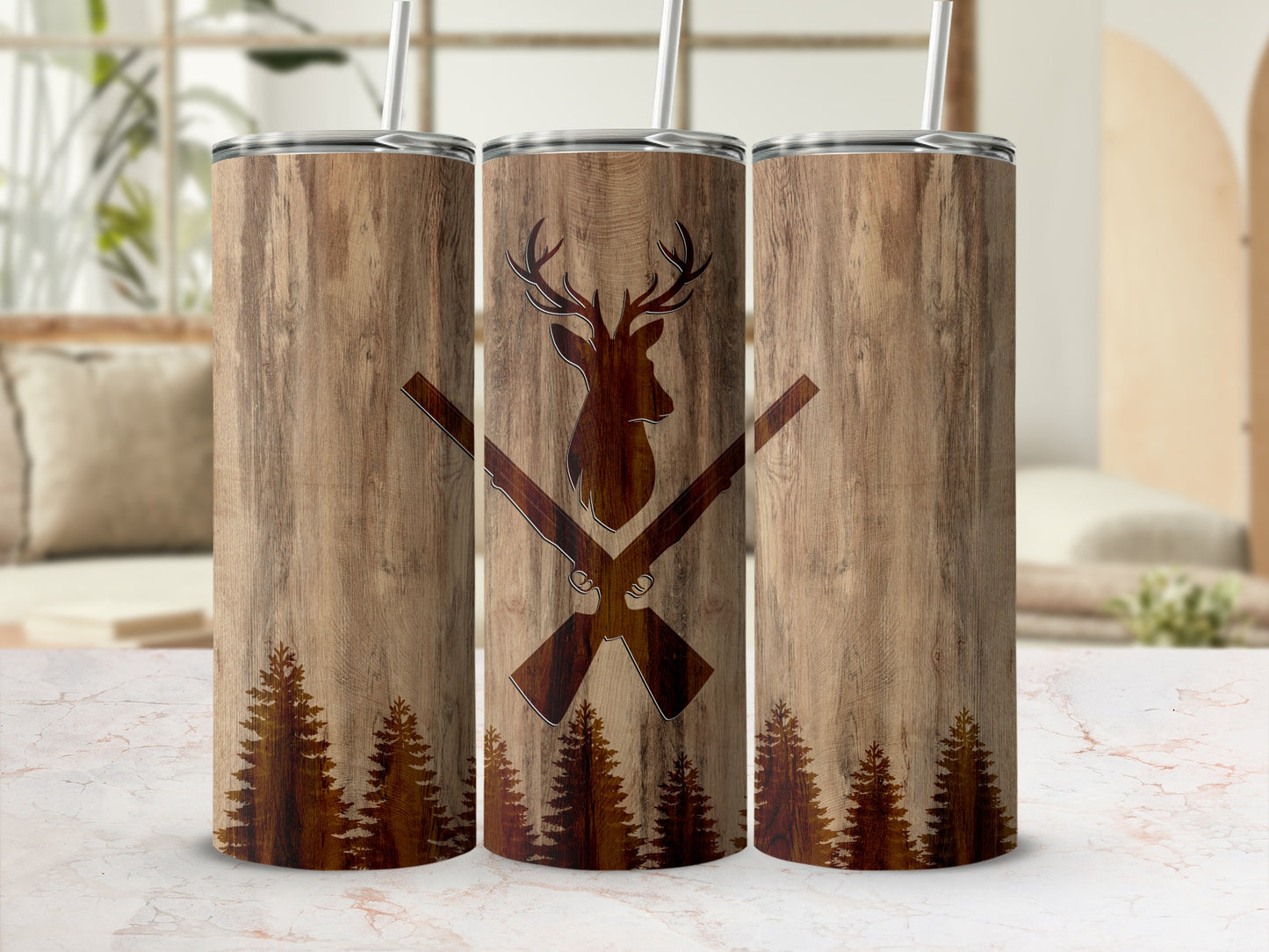 Three tumblers with wood grain, deer silhouette, crossed rifles, and pine trees.