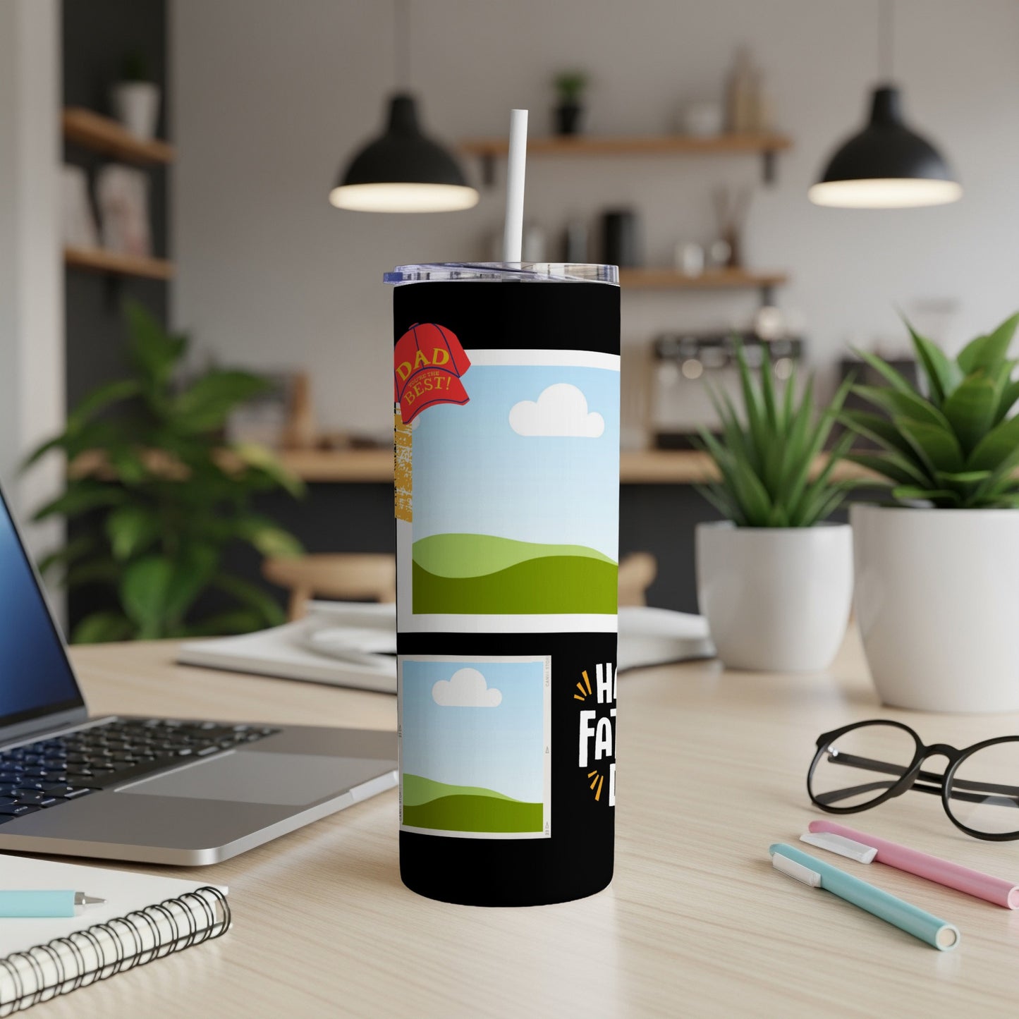 Black tumbler with "Dad you're the best!" and two placeholder image frames.