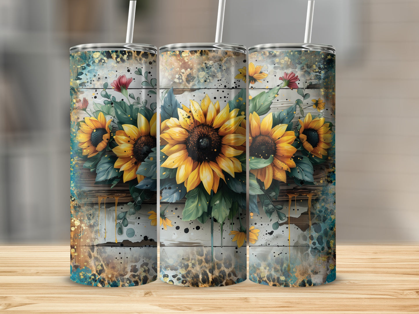 Three tumblers featuring sunflowers, wood grain, and distressed paint textures.