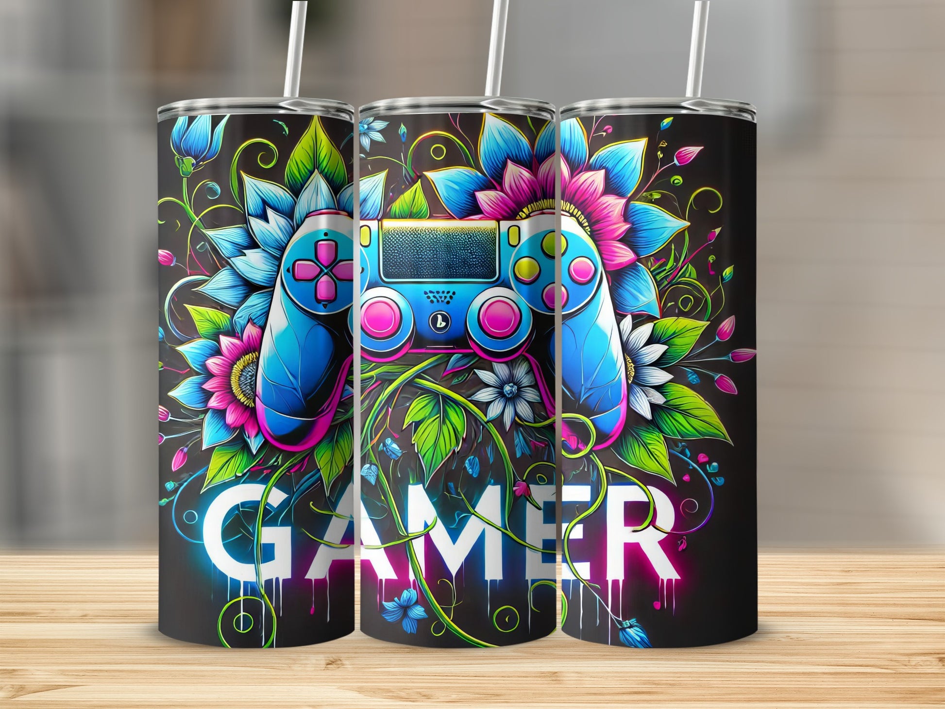 Gamer tumbler with a neon controller and floral design.