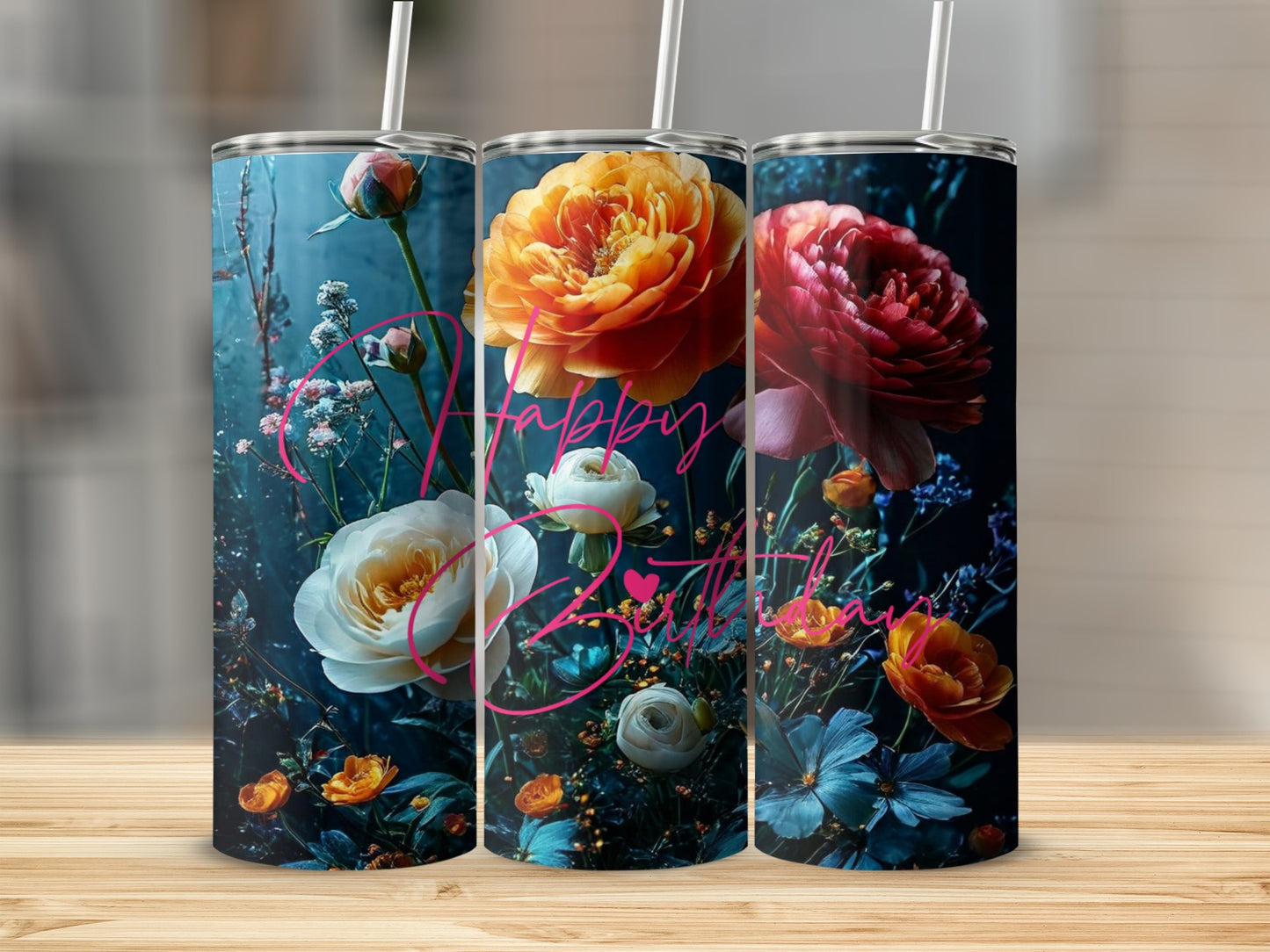 Dark tumbler with large pink and orange flowers and "Happy Birthday" text.