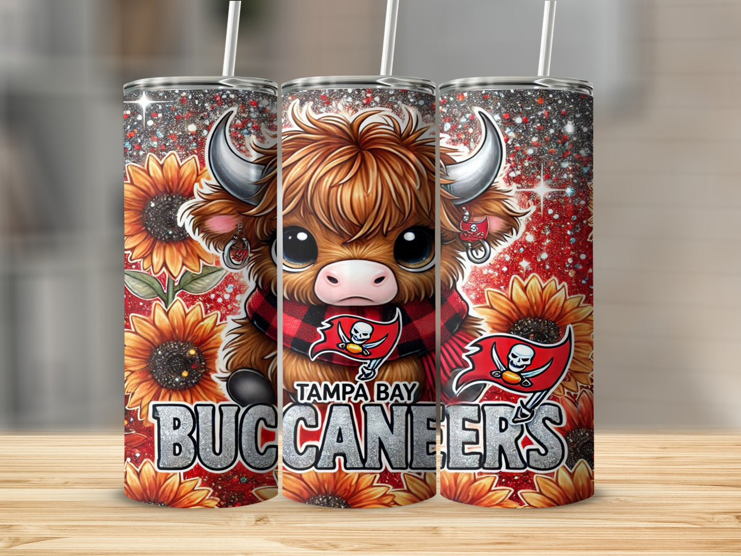Tampa Bay Buccaneers Highland cow tumbler with sunflowers.