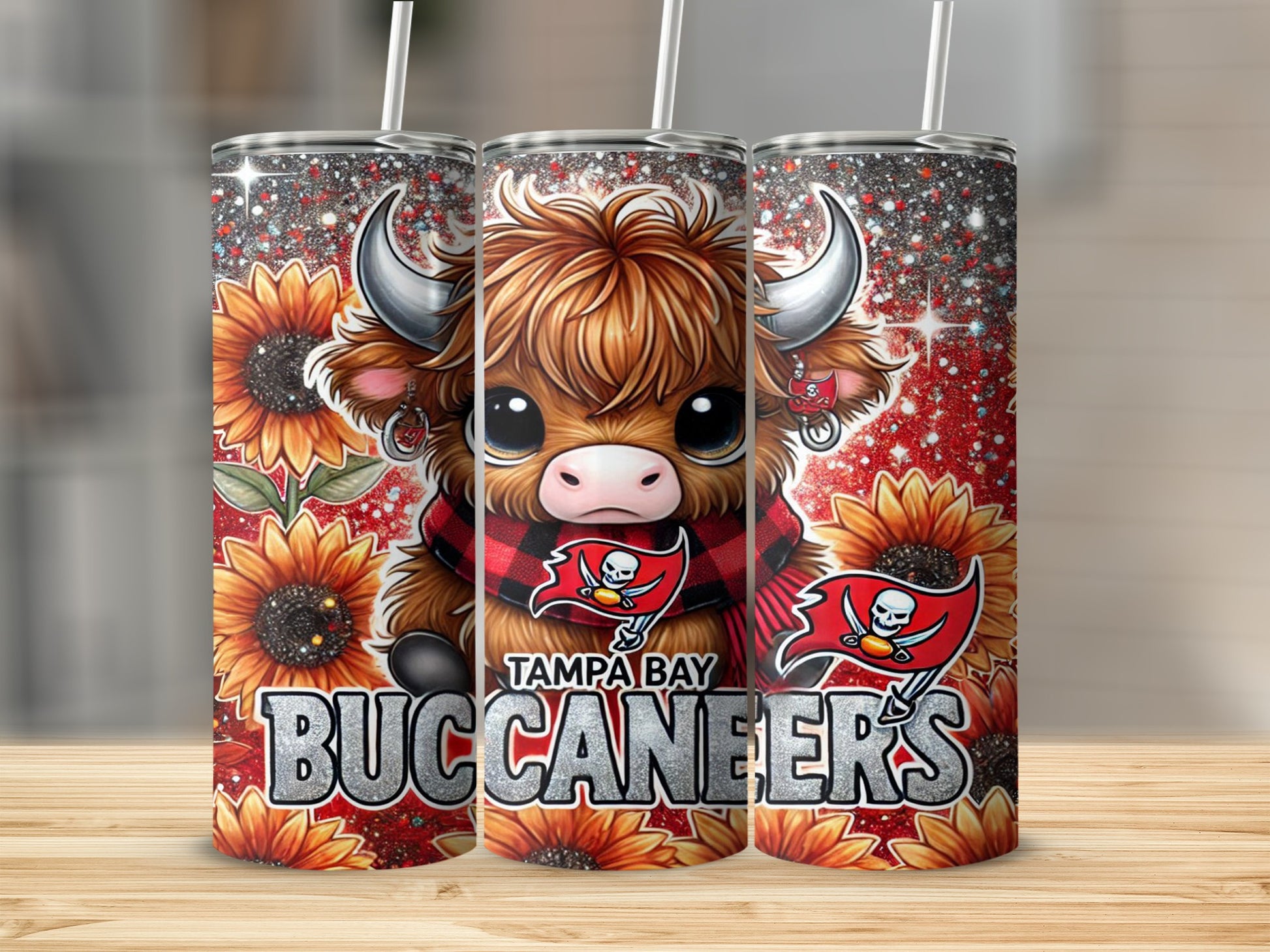 Tampa Bay Buccaneers Highland cow tumbler with sunflowers.