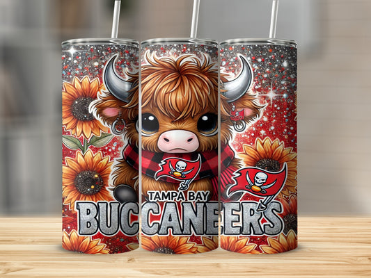 Tampa Bay Buccaneers Highland cow tumbler with sunflowers.