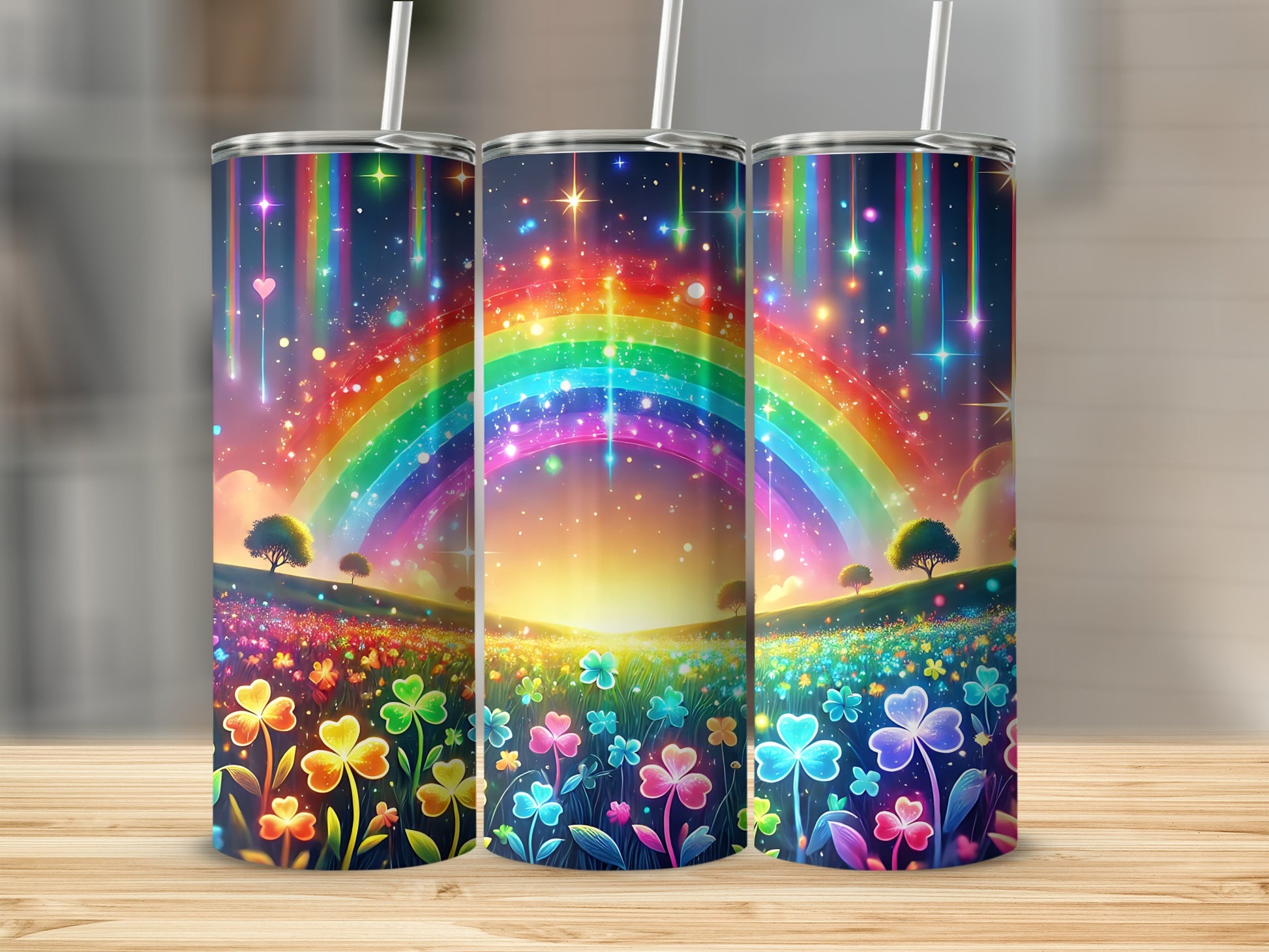 Rainbow over clover field with starry sky on three tumblers.