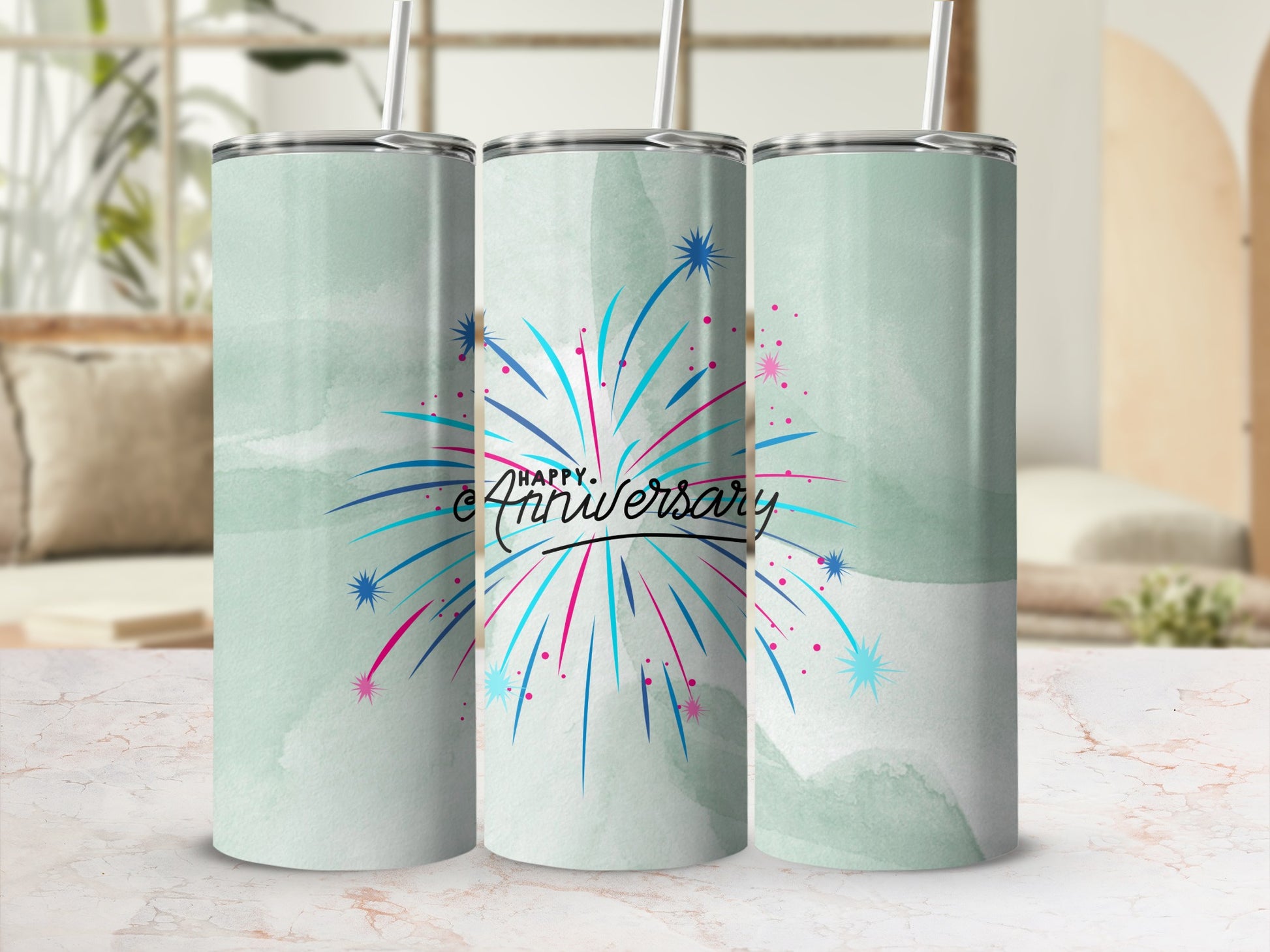 Anniversary tumbler with fireworks and watercolor background.