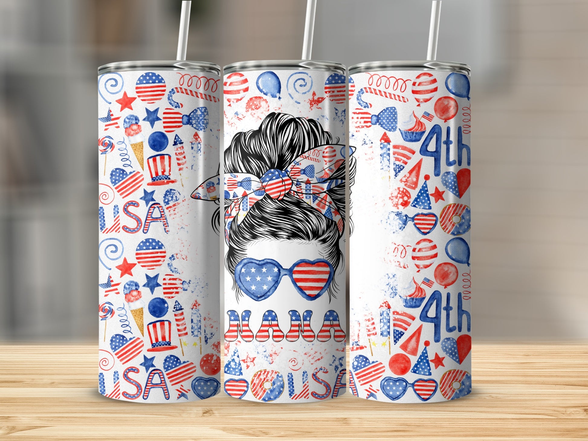 USA patriotic mama sublimation tumbler with fireworks and candy.