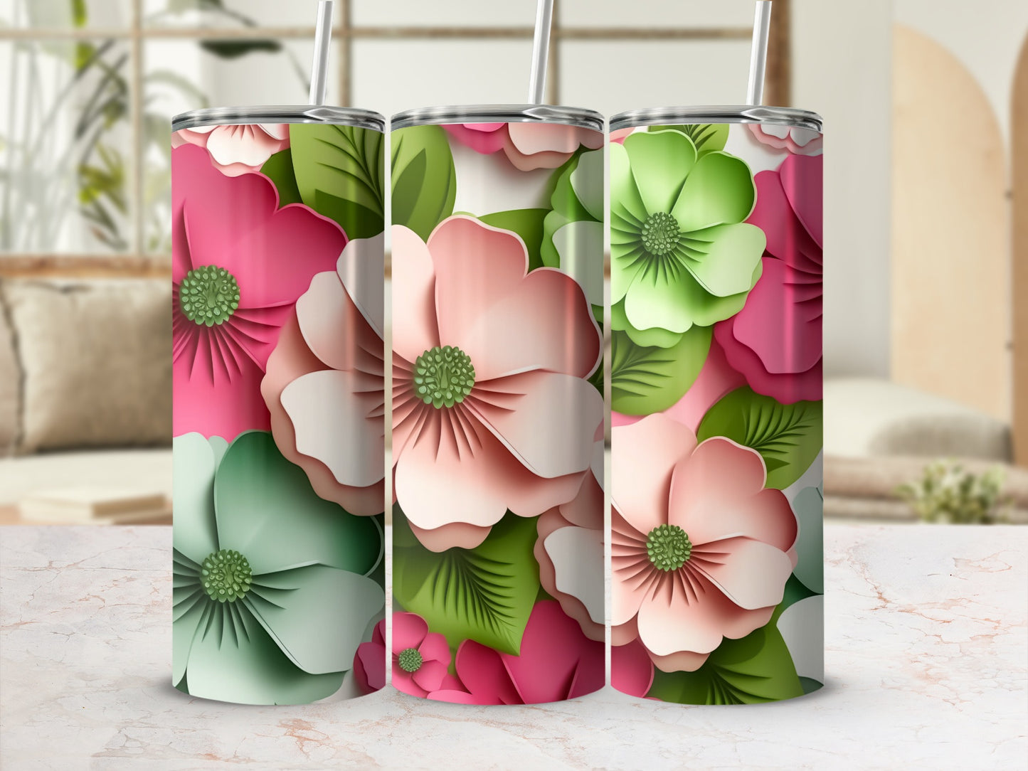 Floral Patterned Tumbler with Straw and Lid