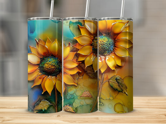 Three tall tumblers featuring a vibrant, textured sunflower design.