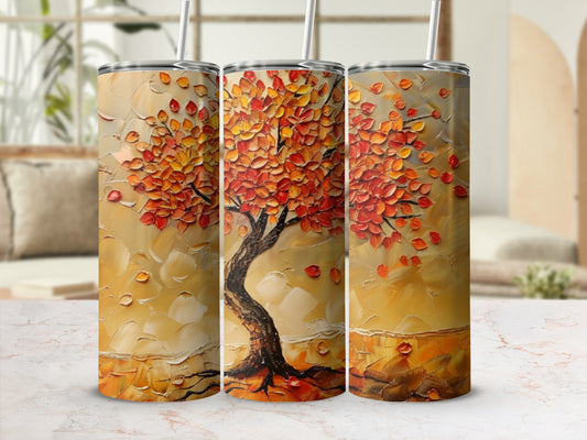 Three tumblers featuring an impressionistic painting of an autumn tree with falling leaves.