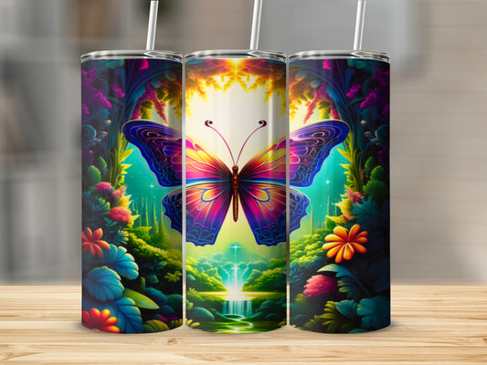 Butterfly in enchanted forest scene on three tumblers.
