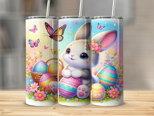 Cute bunny with Easter eggs and butterflies, digital art.