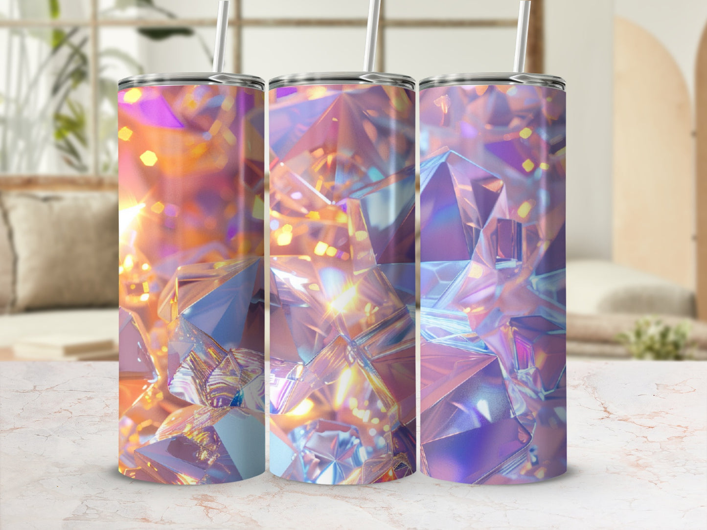 Three tumblers with faceted crystal and bokeh background.