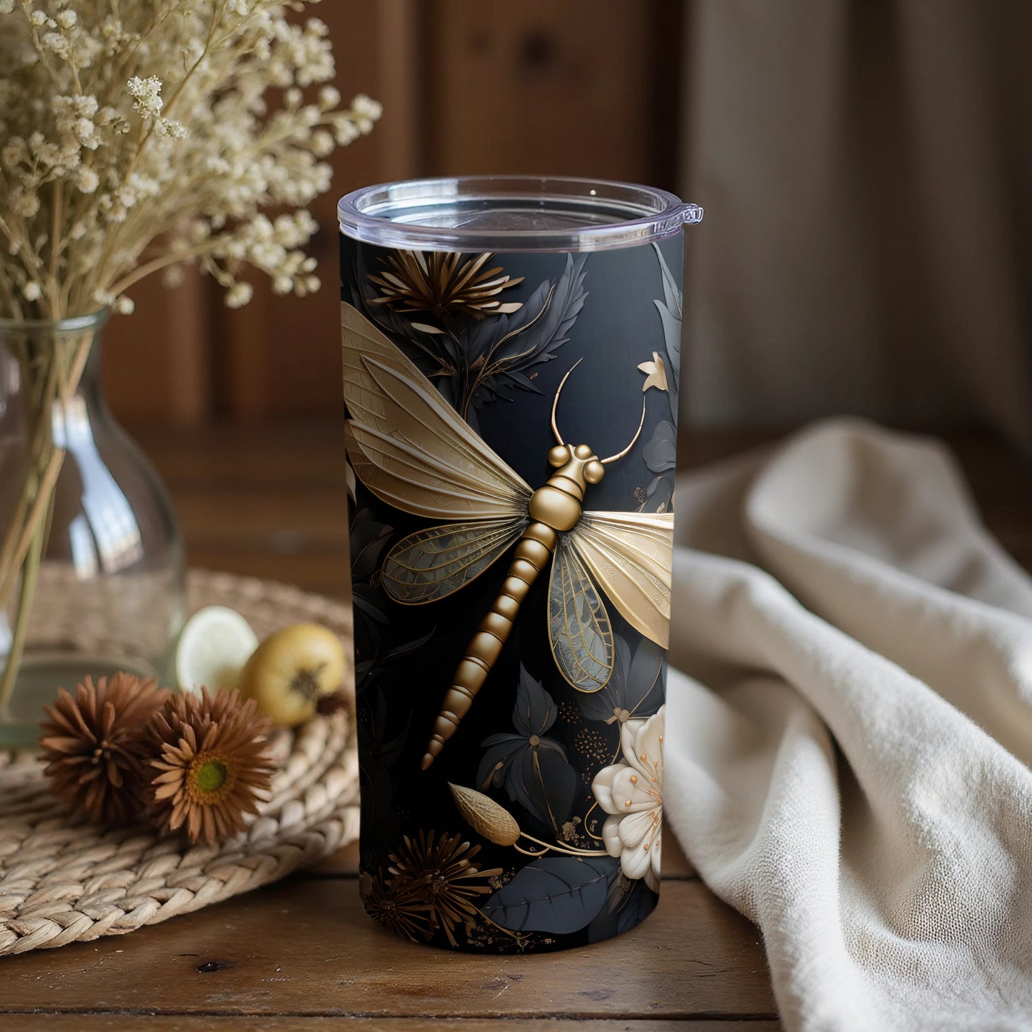 Golden Dragonfly Dark Floral Tumbler product type
dragonfly
golden
floral
black
tumbler
cup
drinkware
beverage
insect
nature
elegant
ornate
unique
design
gift
summer
spring
garden
pattern
sophisticated